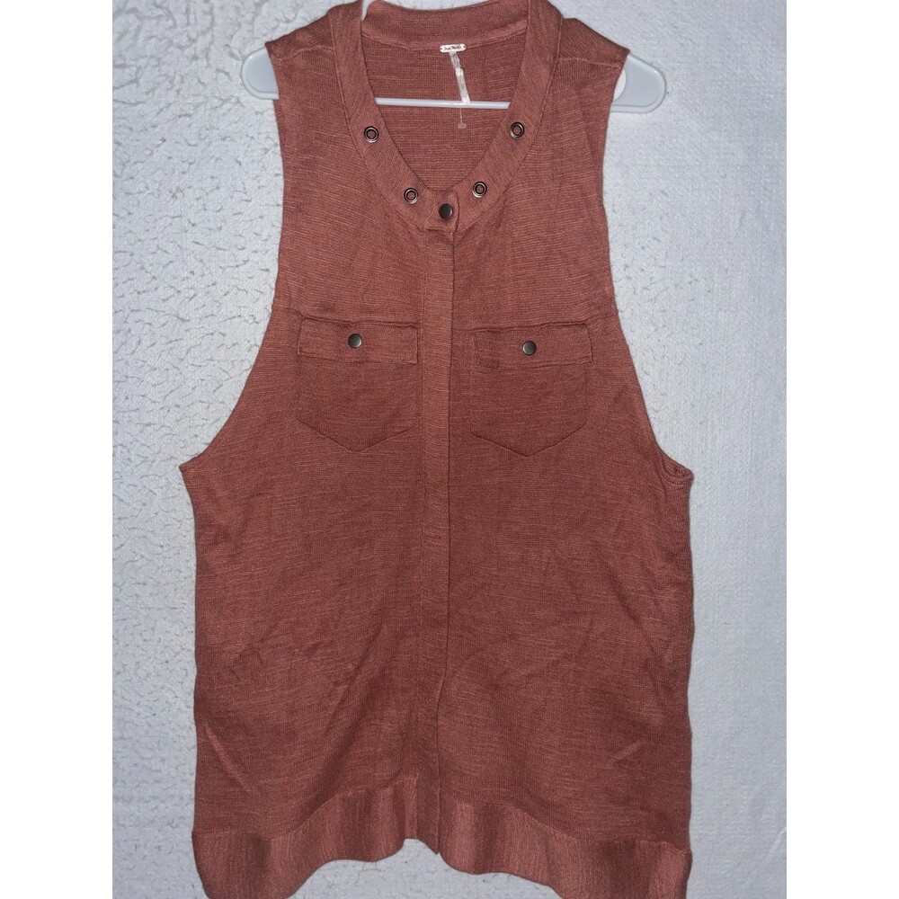 Free People Highway Tunic Vest Brown Pink Womens L Knit Metal Snap Full Zip Long